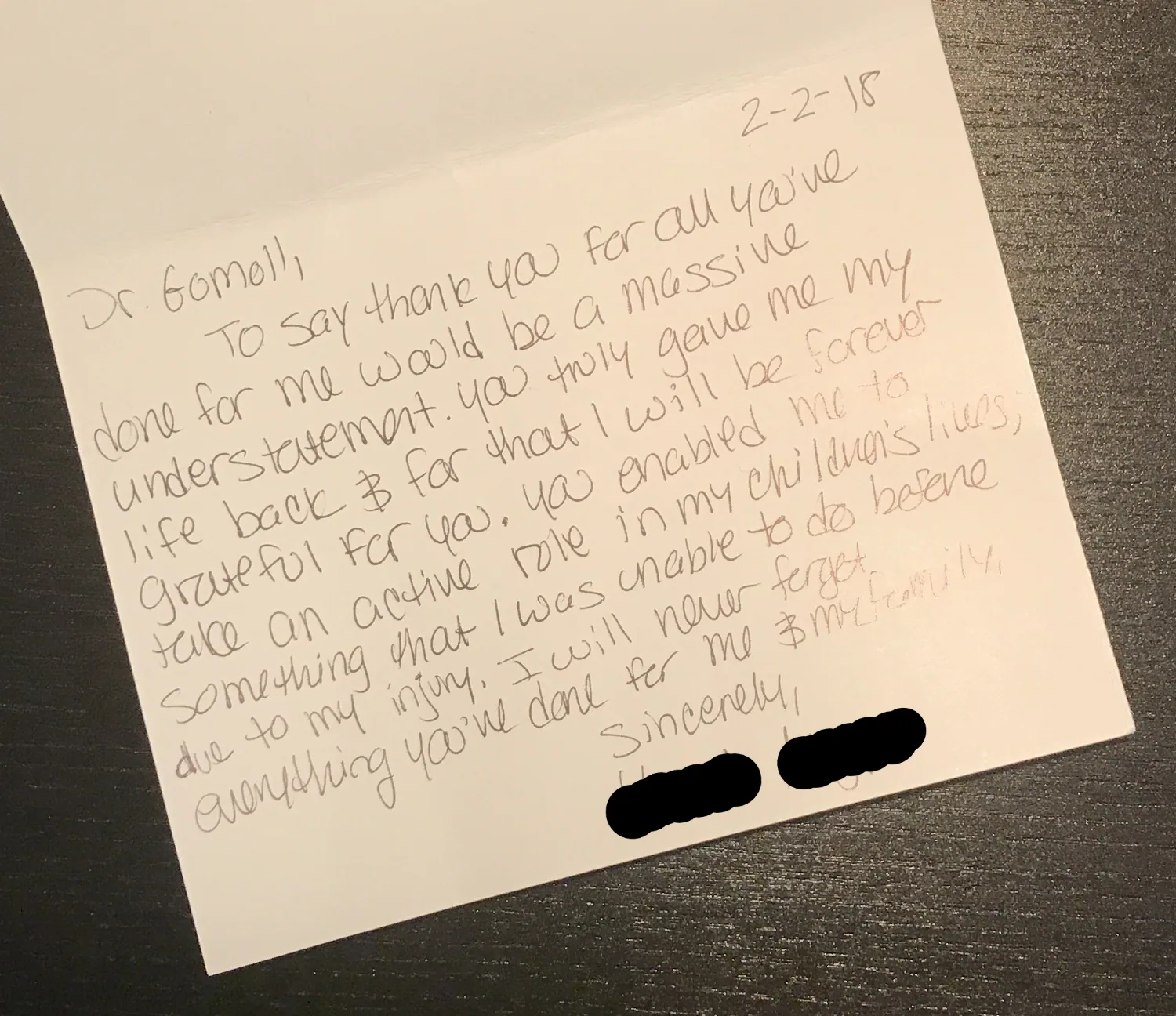 Handwritten note — HM, 18 months after double osteochondral allograft transplantation